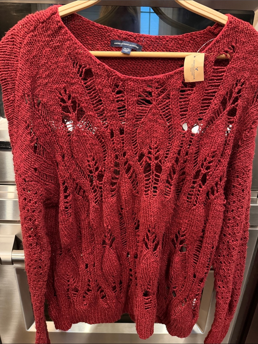 American Eagle Outfitters Open-Knit Crewneck Sweater - Burgundy